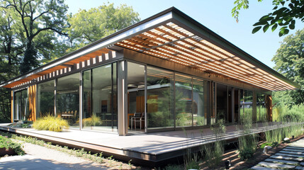 Obraz premium Modern Passive Solar House with South Facing Glass Walls Surrounded by Lush Greenery and Natural Light