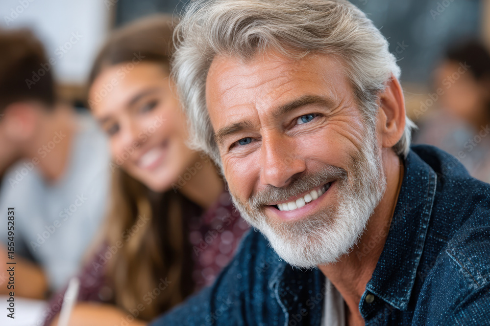 Poster smiling professor interacts with students in a lively classroom environment