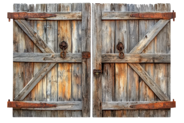 Rustic barn doors crafted from weathered wood with sturdy iron hardware standing alone with an isolated object style on a transparent background