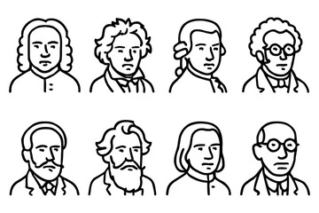 Famous composers portraits vector illustration in minimal line art style