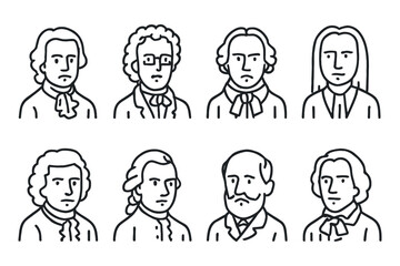 Classical composers portraits, minimalist line art of historical musicians, vector illustration