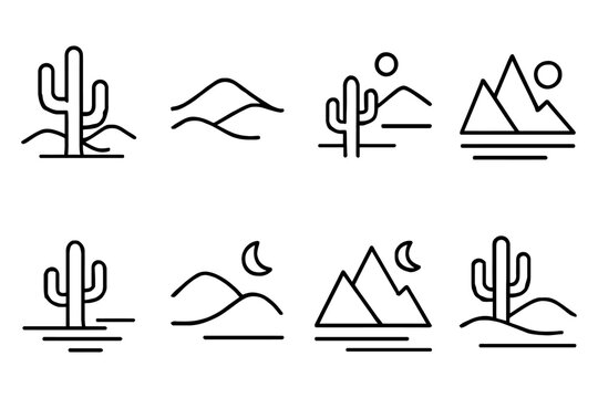 Minimalist desert and mountain landscape vector icons with cactus and moon, vector illustration