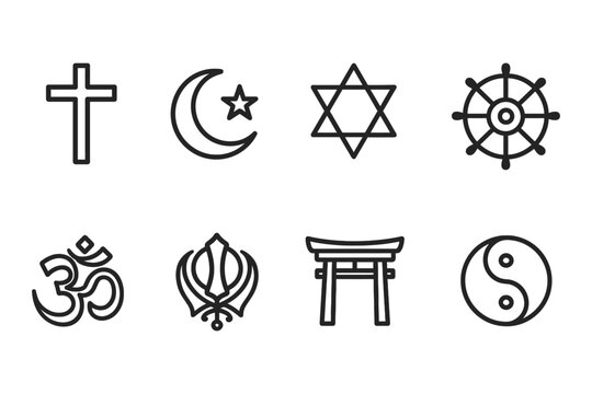 Religious symbols collection featuring cross, crescent, star, and more, vector illustration