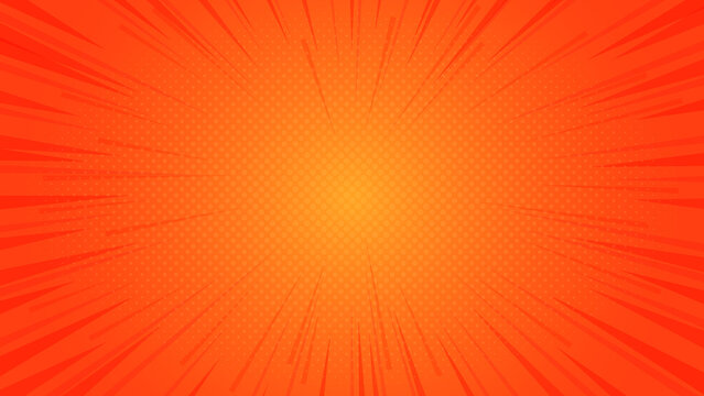 Abstract Orange comic background. Art pop cartoon backdrop. Halftone effect pattern. Fun anime texture. Starburst manga style bg. Mark popart radial gradient. Spiral, swirl, comic rays