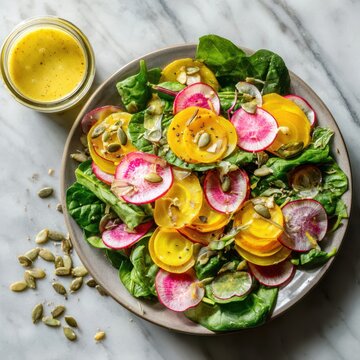 Seasonal salad with golden beets, radishes, spinach and sunflower seeds