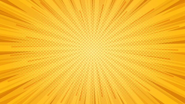 Fototapeta Abstract Yellow comic background. Art pop cartoon backdrop. Halftone effect pattern. Fun anime texture. Starburst manga style bg. Mark popart radial gradient. Spiral, swirl, comic rays