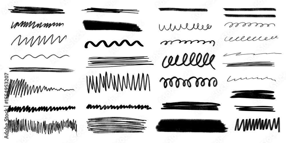 Poster marker lines isolated on transparent background. set of different doodle underlines, rough round sha