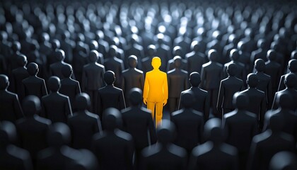 Obraz premium Conceptual image of a unique yellow person standing out in a sea of dark figures, rep.