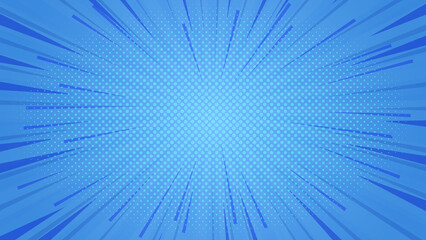 Abstract Blue comic background. Art pop cartoon backdrop. Halftone effect pattern. Fun anime texture. Starburst manga style bg. Mark popart radial gradient. Spiral, swirl, comic rays