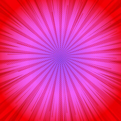 Obraz premium Abstract radial purple comic background. Art pop cartoon backdrop. Halftone effect pattern. Fun anime texture. Starburst manga style bg. Mark popart radial gradient. Spiral, swirl, comic rays