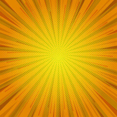 Abstract orange comic background. Art pop cartoon backdrop. Halftone effect pattern. Fun anime texture. Starburst manga style bg. Mark popart radial gradient. Spiral, swirl, comic rays