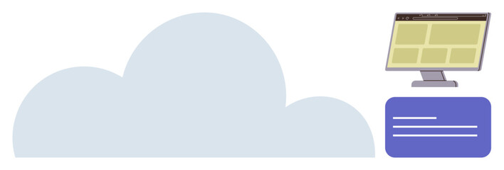 Large cloud shape symbolizing cloud storage, desktop monitor displaying file structure, and document icon. Ideal for technology, cloud computing, data sharing, file management, digital workspaces