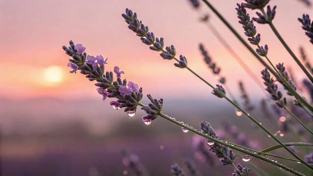 Vibrant lavender field with water dew drop at sunset - stuning moment