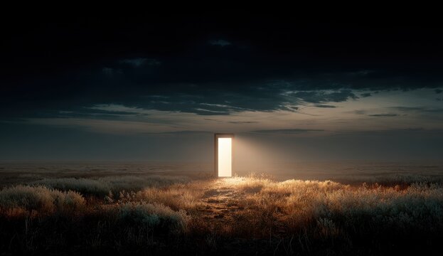 Luminous Doorway in Dark Field, Hope Concept
