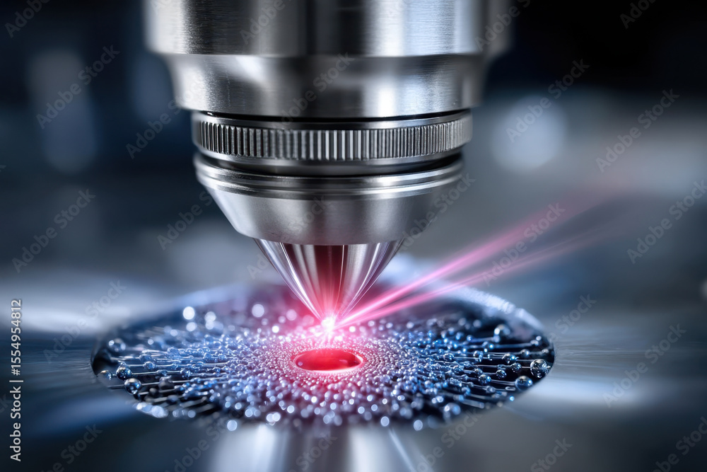Aufkleber laser cutting process in a workshop with detailed focus on nozzle and material interaction