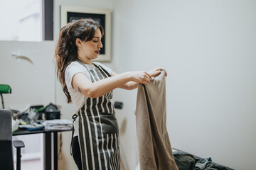 A young woman organizes clothes, folding them neatly in a cozy and well-lit indoor space, wearing a...