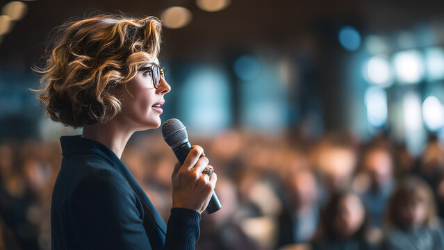 Professional Businesswoman Speaking on Stage at Corporate Event. Leadership, Public Speaking, and Business Conference