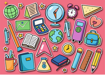 Colorful School Supplies and Stationery Doodle Stickers on a Pink Background Back to School