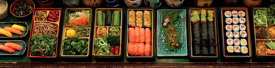 Arrangement of japanese bento boxes with sushi and various side dishes displayed