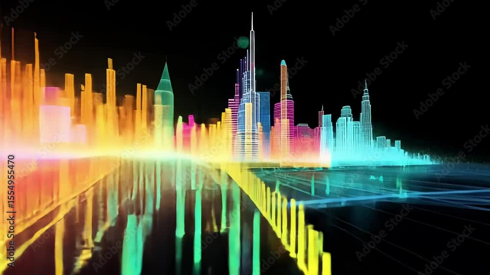 Poster a continuous flow of colored data streams cascades around a holographic representation of a city sym