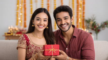 Happy Indian sister receiving gift from brother during Raksha Bandhan festival at home. Indian culture, sibling and brother sister bond