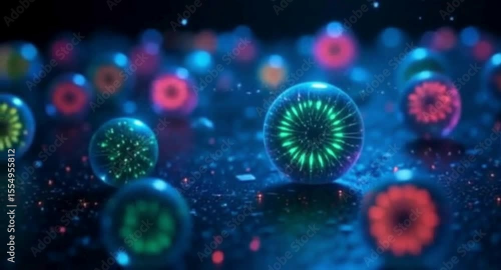 Poster glowing orbs with colorful light patterns on a dark surface