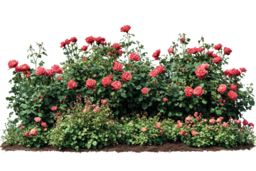 Vibrant cutout flowerbed featuring lush red flowers against a clear background