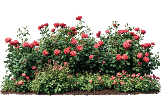 Vibrant cutout flowerbed featuring lush red flowers against a clear background