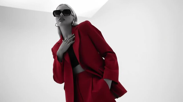 Fashionable woman in red suit and black crop top posing against white background in minimalist editorial style
