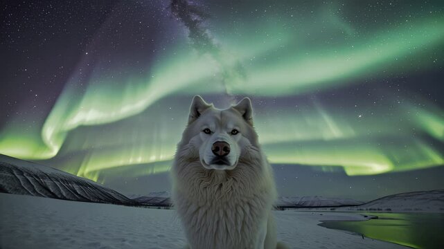 White wolf on northern lights, it's snowing, blizzard, starry night, bright stars, planets visible in the sky,nebula,galaxy, focus, ultra-high quality, ultra-detailed focus, close-up, high detail, FH,