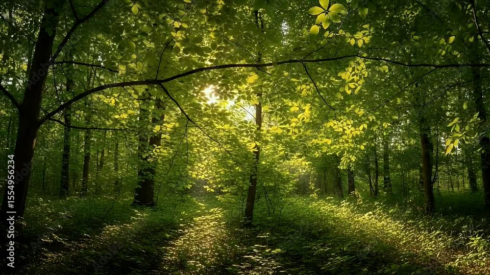 Poster sunlight streams through green leaves in a forest creating a warm and bright atmosphere. the scene d