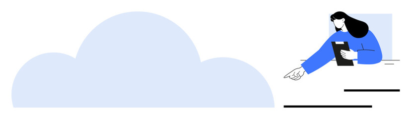 Large cloud illustration next to a woman holding a tablet and pointing at a virtual interface. Ideal for technology, innovation, cloud computing, digital trends, education, creativity, simple landing