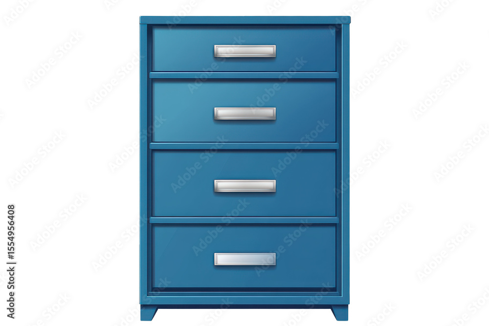 Poster four-drawer blue file cabinet designed for office storage and organization, featuring a transparent 