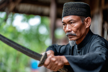 Dynamic photo of a traditional Malay warrior in formal Baju Melayu, caught mid-silat movement with a drawn keris in hand, dramatic lighting