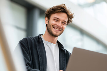 A young man is smiling and holding a laptop