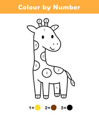 Color By Number Activity for Kids. Counting Game for Kindergarten and Preschool. Coloring Page for Children. Fun Activity Worksheet with Cute Giraffe
 Illustration.