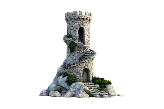 Fantasy Tower Made of Stone Blocks Isolated on Transparent Background