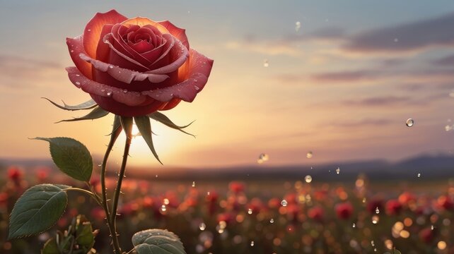 A beautiful red rose with water droplets against a romantic sunset sky