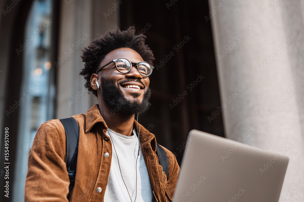 Poster a man with glasses and a beard is smiling while using a laptop