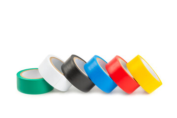 Insulating tape isolated on white background. Set of different colors insulating tape. Reel...