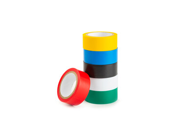Insulating tape isolated on white background. Set of different colors insulating tape. Reel...