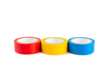 Insulating tape isolated on white background. Set of different colors insulating tape. Reel...