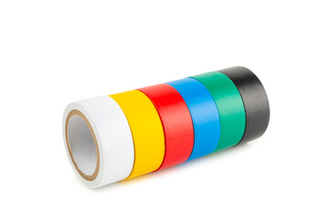 Insulating tape isolated on white background. Set of different colors insulating tape. Reel...