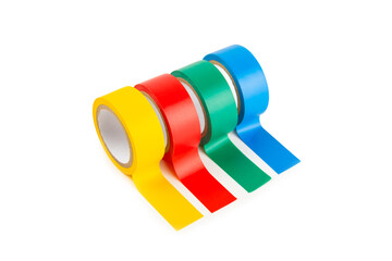 Insulating tape isolated on white background. Set of different colors insulating tape. Reel...