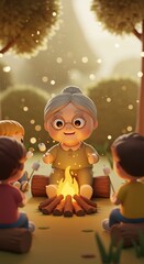 Animated grandmother storytelling while sitting by campfire with children - Concept of Grandparents' Day  