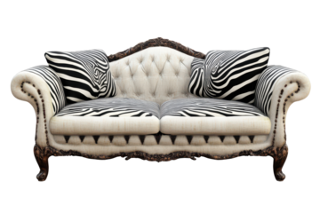 Unique zebra print couch with decorative pillows offers a stylish focal point for any modern living room or lounge area