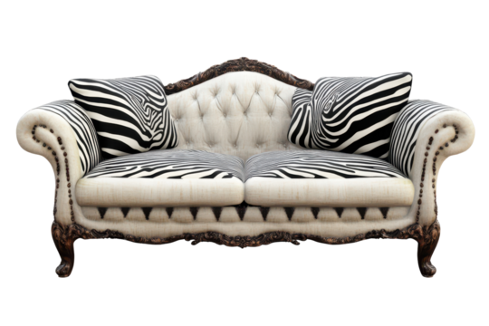 Unique zebra print couch with decorative pillows offers a stylish focal point for any modern living room or lounge area