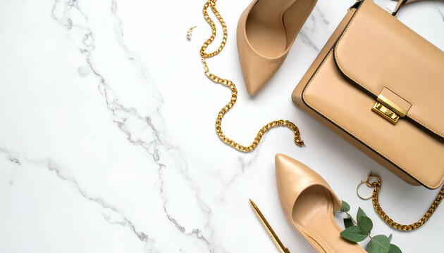 Beige handbag shoes and jewelry arranged on a white marble surface.