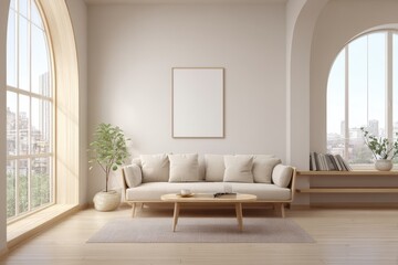 Minimalist apartment living room mockup, arched windows, city view