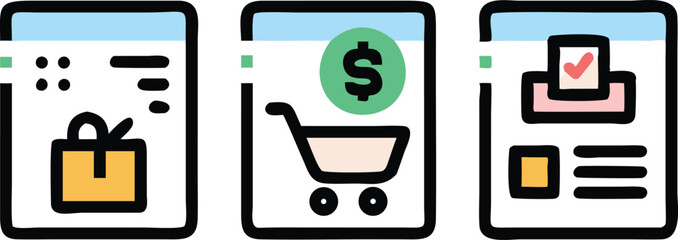 E-commerce Icon Set  Shopping Cart, Package Delivery, and Order Confirmation Icons for Website and App Design